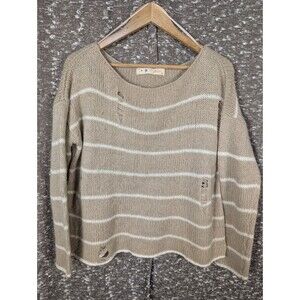 Her Entire Name Says Grace Women's Distressed Knit‎ Beige Striped Sweater Medium